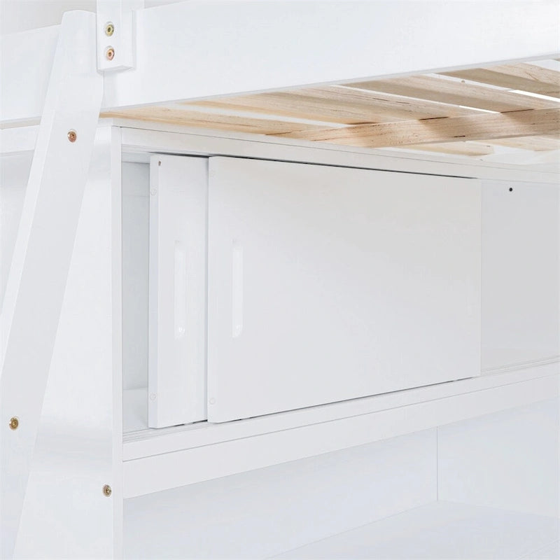 Lit mezzanine en bois pleine grandeur avec bureau et étagère, garde-corps