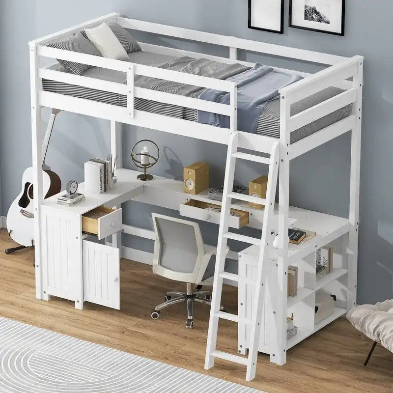 Lit mezzanine une place avec bureau en U, armoire et étagères de rangement