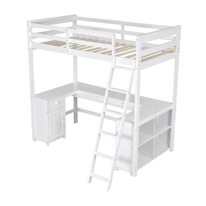 Lit mezzanine une place avec bureau en U, armoire et étagères de rangement