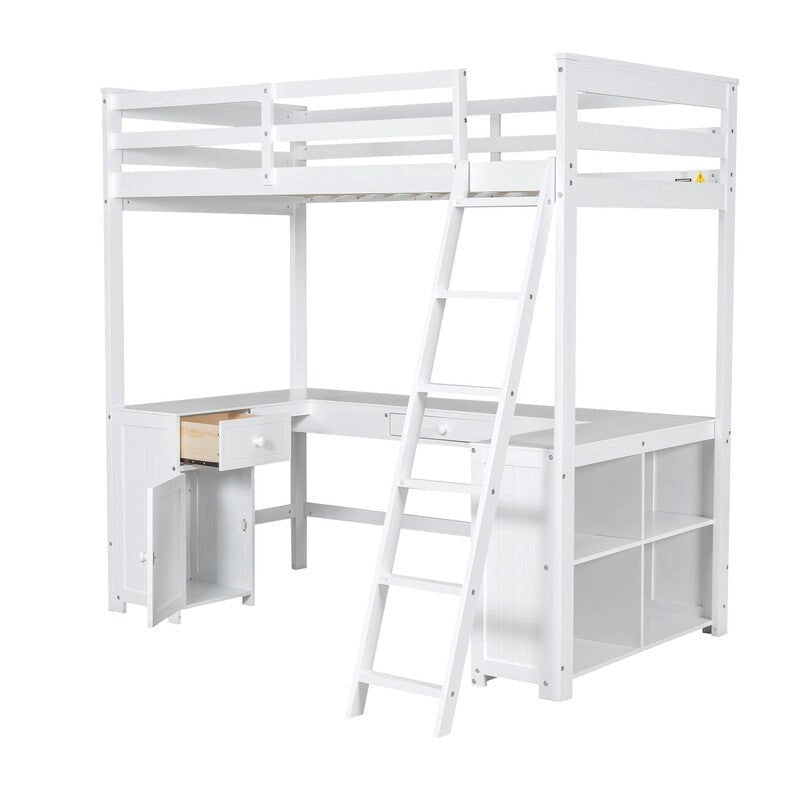 Lit mezzanine une place avec bureau en U, armoire et étagères de rangement