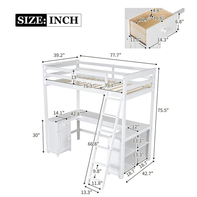 Lit mezzanine une place avec bureau en U, armoire et étagères de rangement