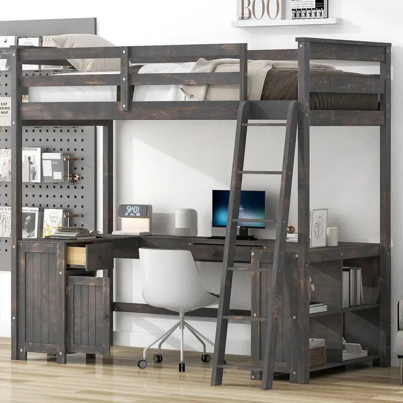 Lit mezzanine une place avec bureau en U, armoire et étagères de rangement