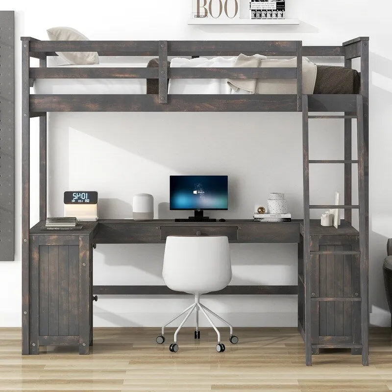 Lit mezzanine une place avec bureau en U, armoire et étagères de rangement
