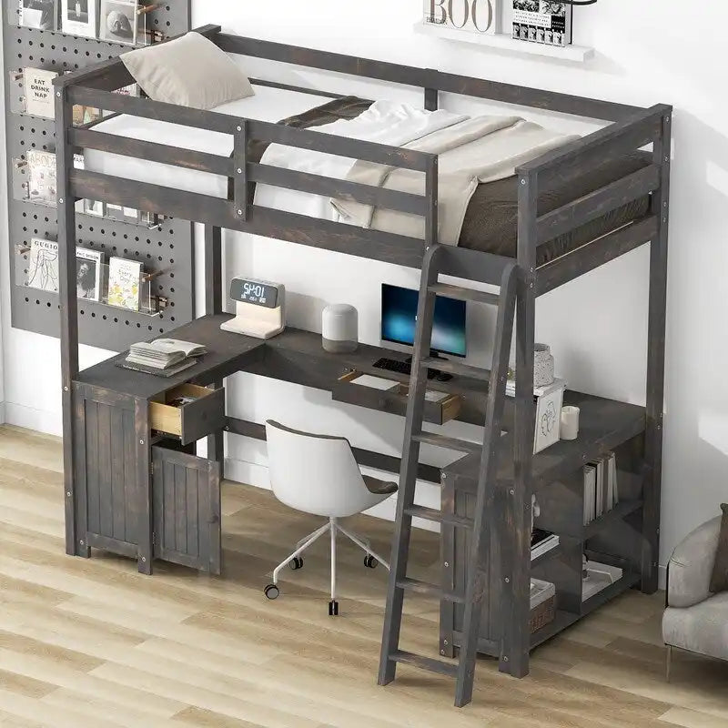 Lit mezzanine une place avec bureau en U, armoire et étagères de rangement