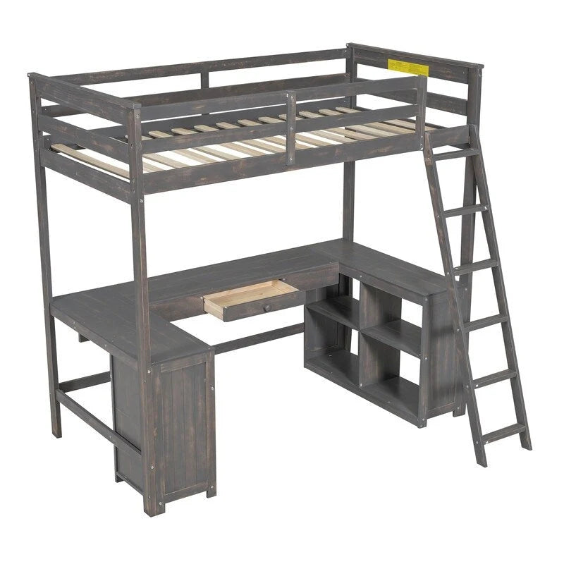 Lit mezzanine une place avec bureau en U, armoire et étagères de rangement