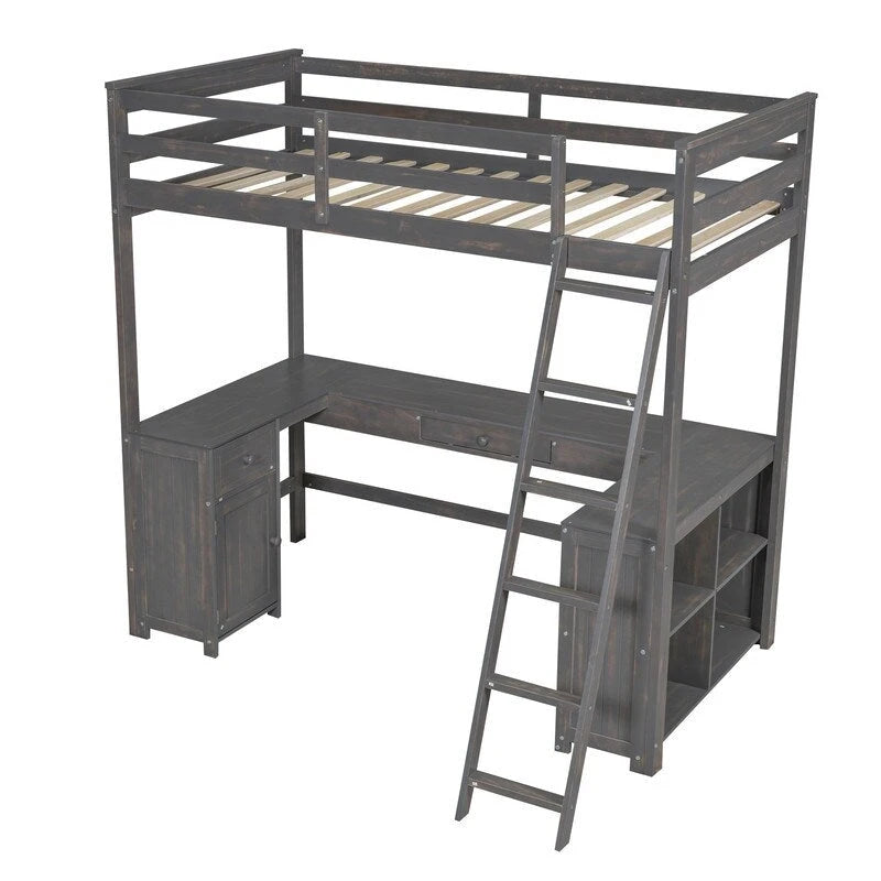 Lit mezzanine une place avec bureau en U, armoire et étagères de rangement