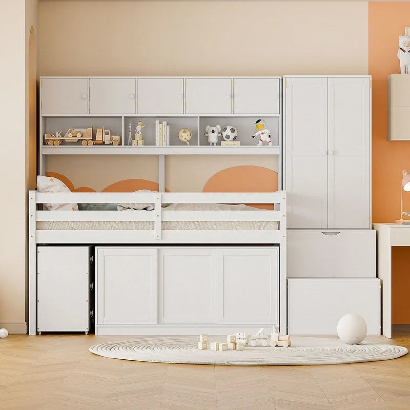 Twin Size Wooden Loft Bed Big Storage with Under-bed Desk, with Drawers, with Shelves