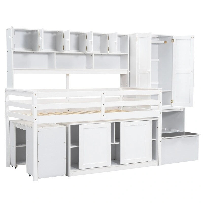 Lit mezzanine simple en bois avec bureau, tiroirs et étagères sous le lit