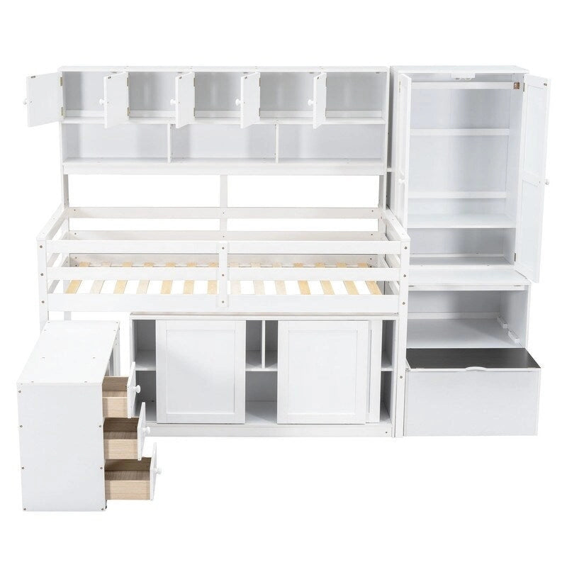 Lit mezzanine simple en bois avec bureau, tiroirs et étagères sous le lit