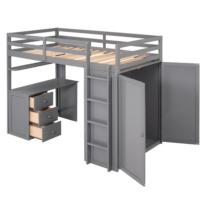 Lit mezzanine multifonctionnel double/complet avec tiroirs, bureau et armoire