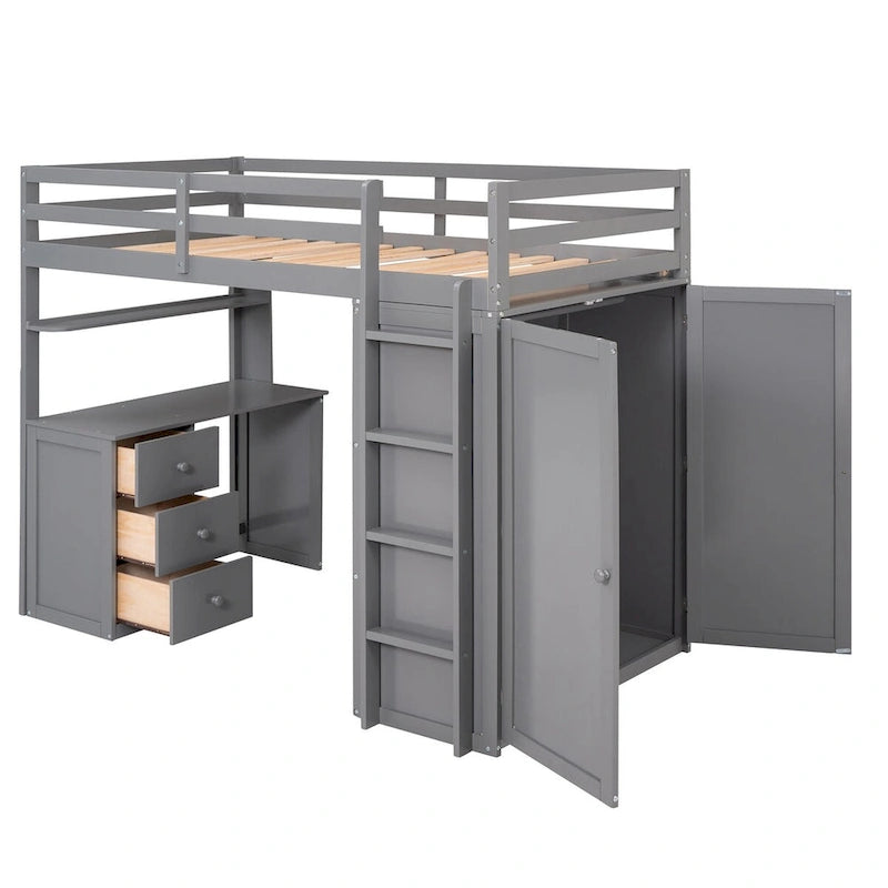 Lit mezzanine multifonctionnel double/complet avec tiroirs, bureau et armoire