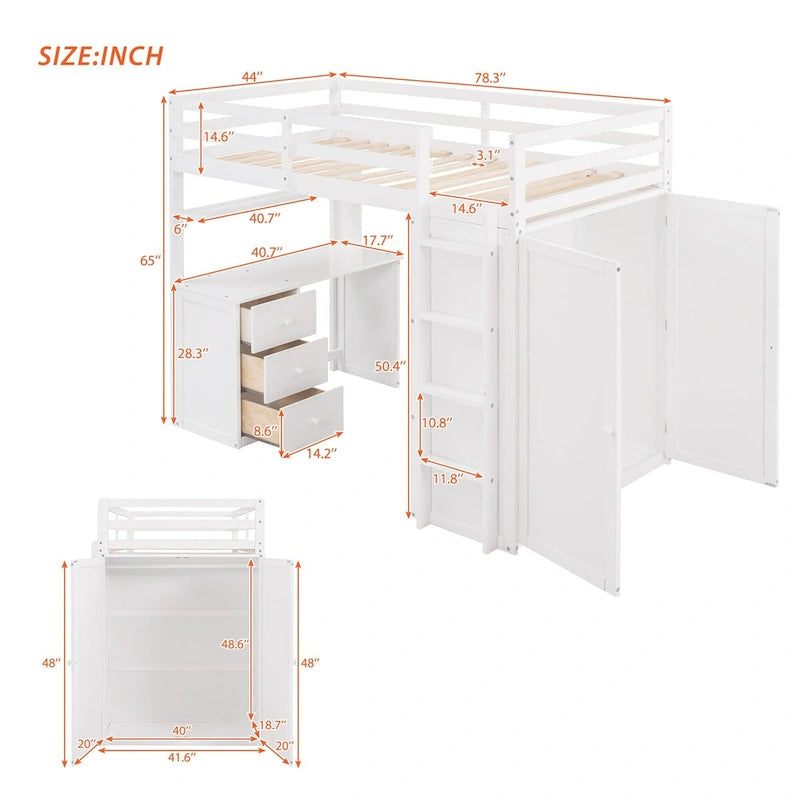 Lit mezzanine multifonctionnel double/complet avec tiroirs, bureau et armoire