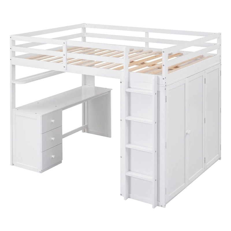 Lit mezzanine multifonctionnel double/complet avec tiroirs, bureau et armoire