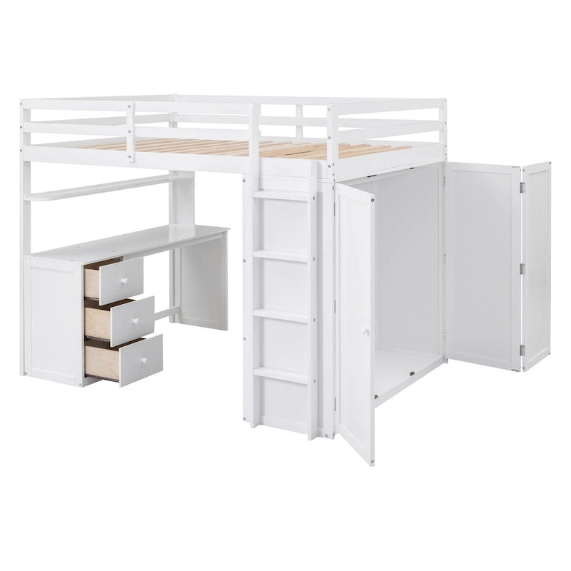 Lit mezzanine multifonctionnel double/complet avec tiroirs, bureau et armoire