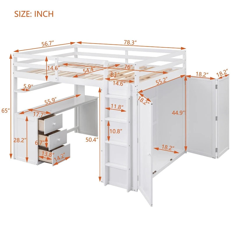 Lit mezzanine multifonctionnel double/complet avec tiroirs, bureau et armoire