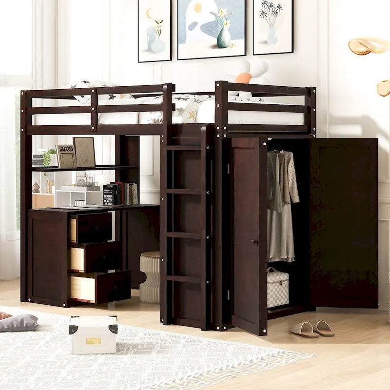 Lit mezzanine multifonctionnel double/complet avec tiroirs, bureau et armoire