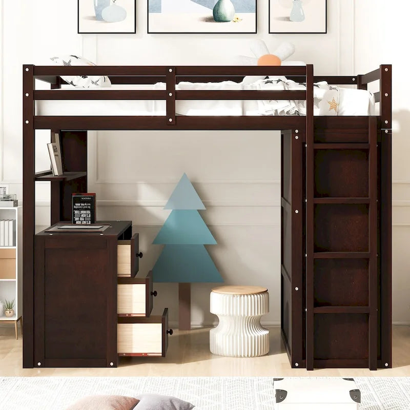 Lit mezzanine multifonctionnel double/complet avec tiroirs, bureau et armoire