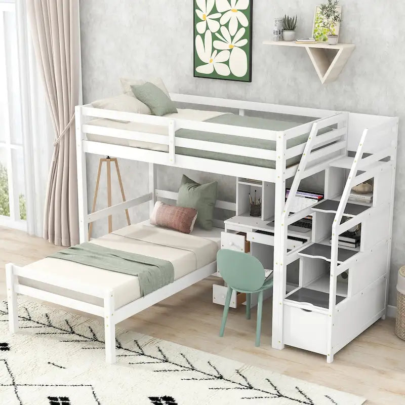Lit mezzanine avec un lit indépendant, escalier de rangement, bureau, étagères et tiroirs