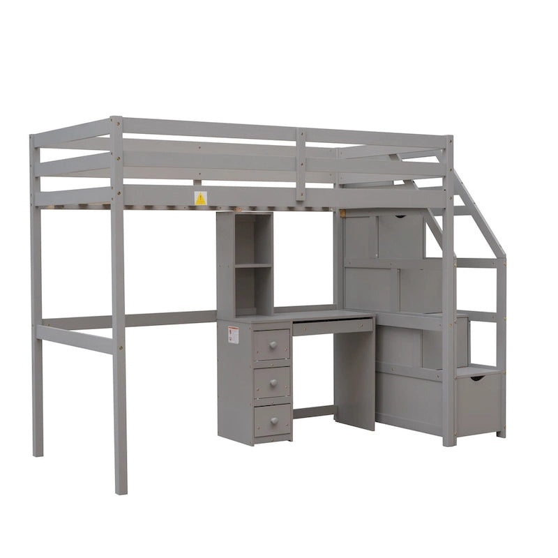 Loft Bed with a Stand-Alone Bed, Storage Staircase, Desk, Shelves and Drawers