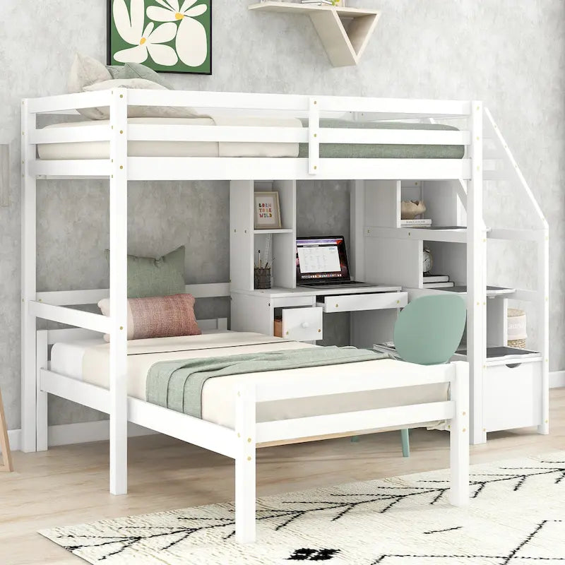 Lit mezzanine avec un lit indépendant, escalier de rangement, bureau, étagères et tiroirs