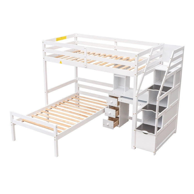 Lit mezzanine avec un lit indépendant, escalier de rangement, bureau, étagères et tiroirs