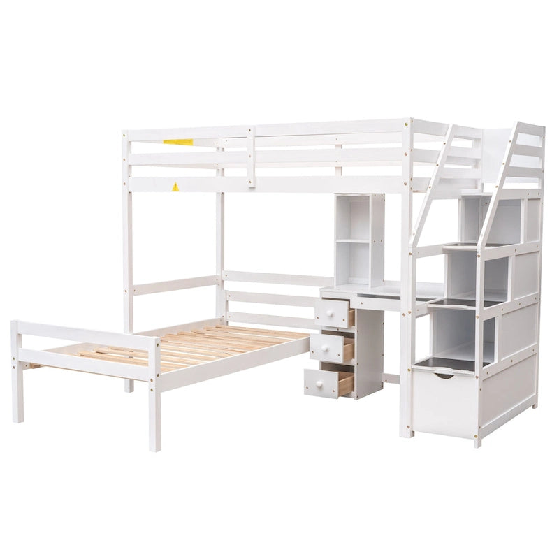 Lit mezzanine avec un lit indépendant, escalier de rangement, bureau, étagères et tiroirs