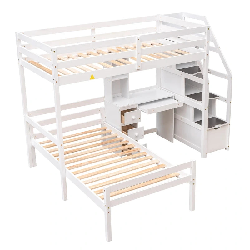 Lit mezzanine avec un lit indépendant, escalier de rangement, bureau, étagères et tiroirs