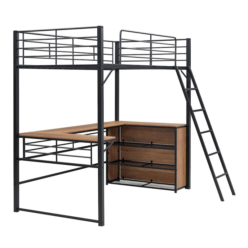 Lit mezzanine double noir en métal avec étagères et bureau