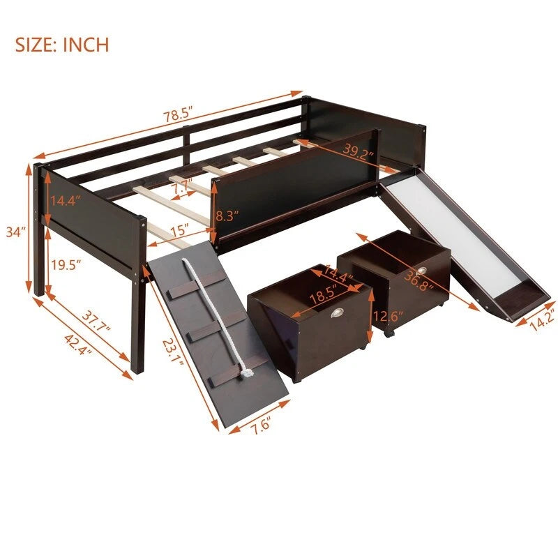 Lit mezzanine double avec toboggan, bacs de rangement, échelle et tableau noir