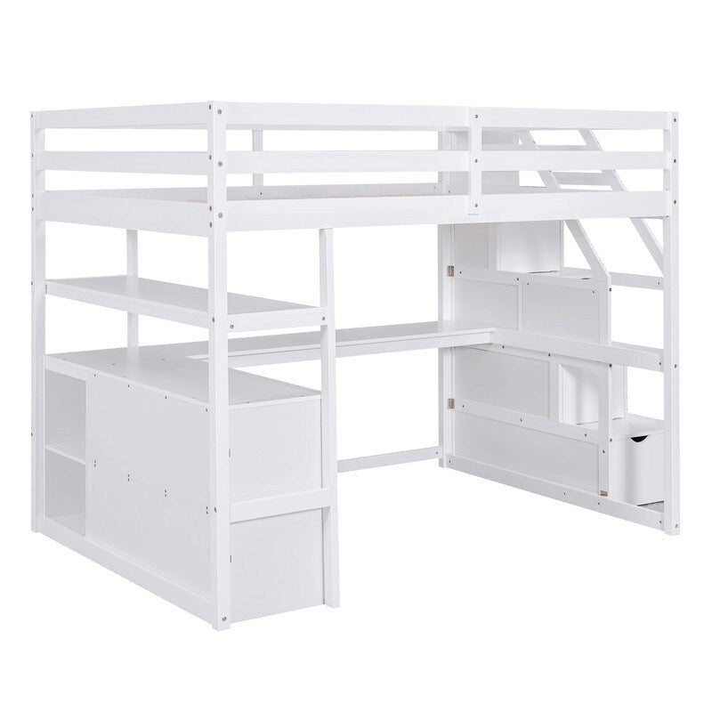 Lit mezzanine double avec bureau, étagères, 2 tiroirs et escalier de rangement