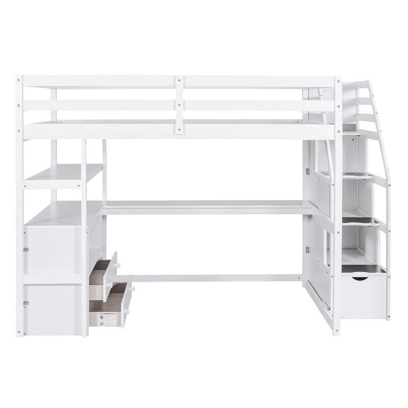 Lit mezzanine double avec bureau, étagères, 2 tiroirs et escalier de rangement