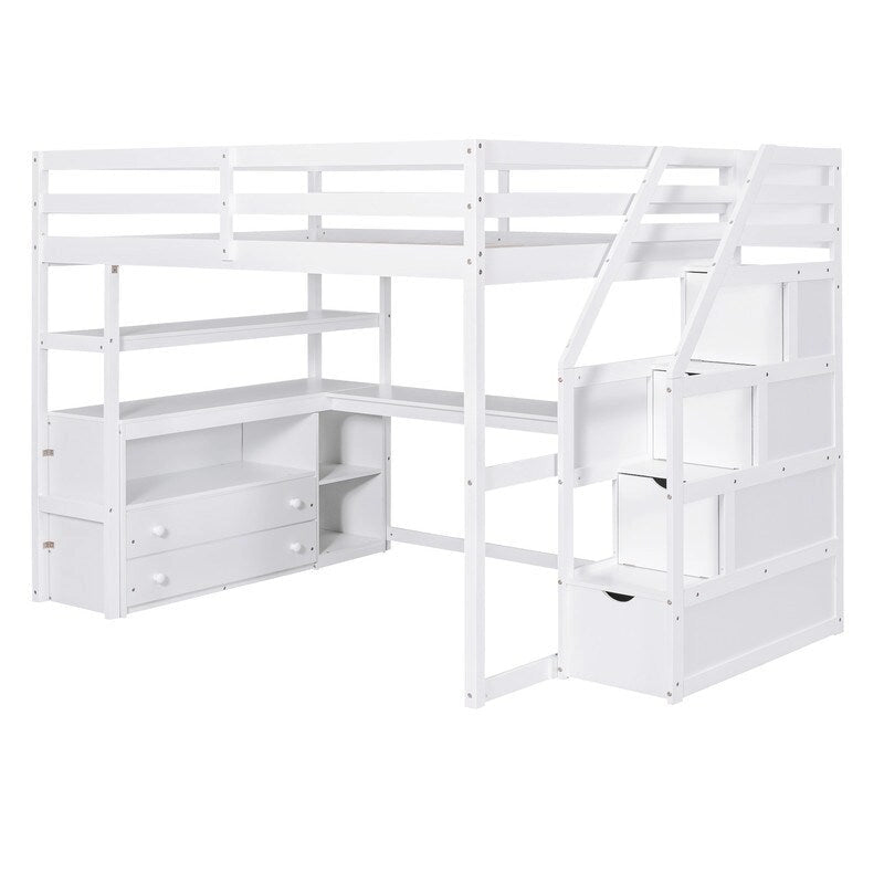 Lit mezzanine double avec bureau, étagères, 2 tiroirs et escalier de rangement
