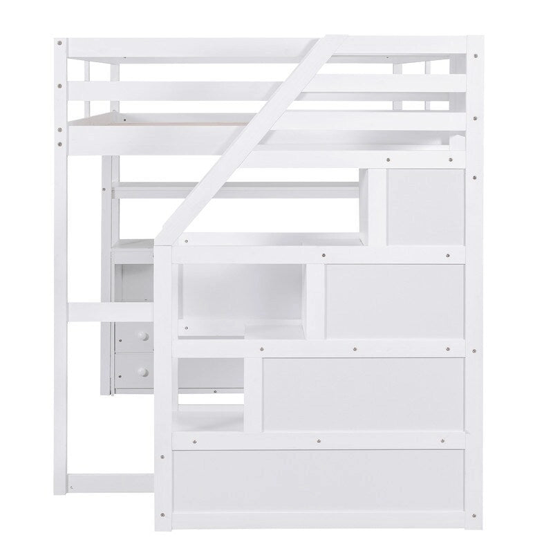 Lit mezzanine double avec bureau, étagères, 2 tiroirs et escalier de rangement