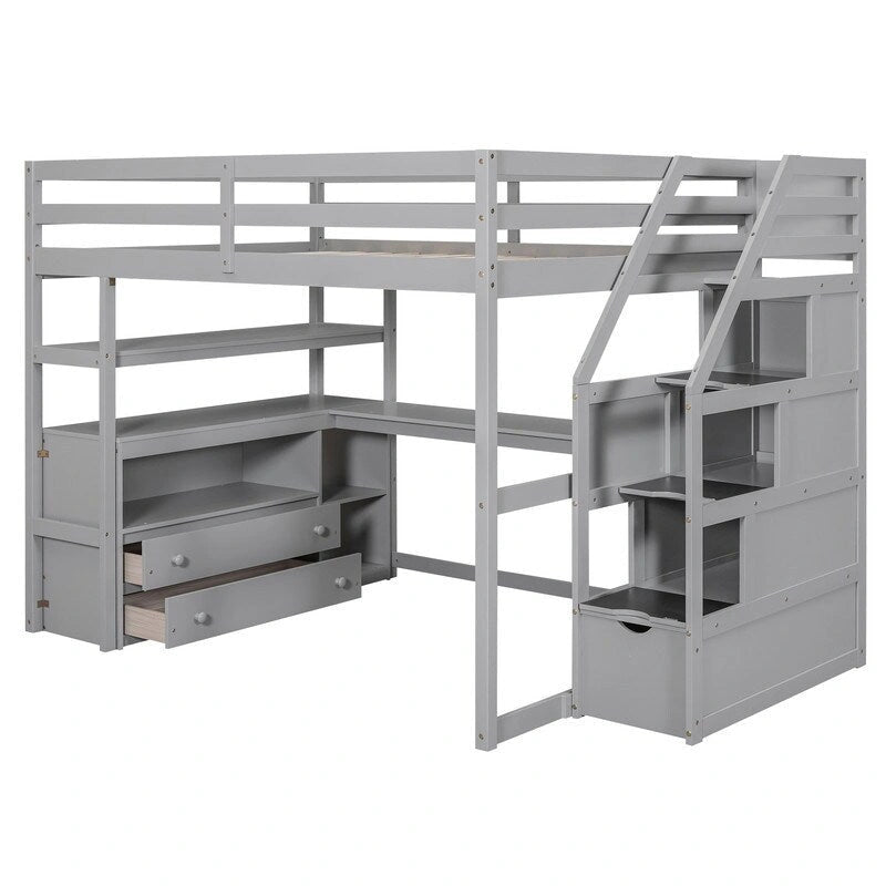 Lit mezzanine double avec bureau, étagères, 2 tiroirs et escalier de rangement
