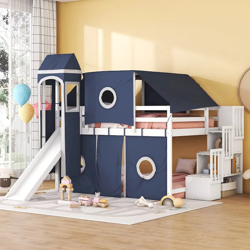 Lit mezzanine "Château" avec escalier de rangement et toboggan