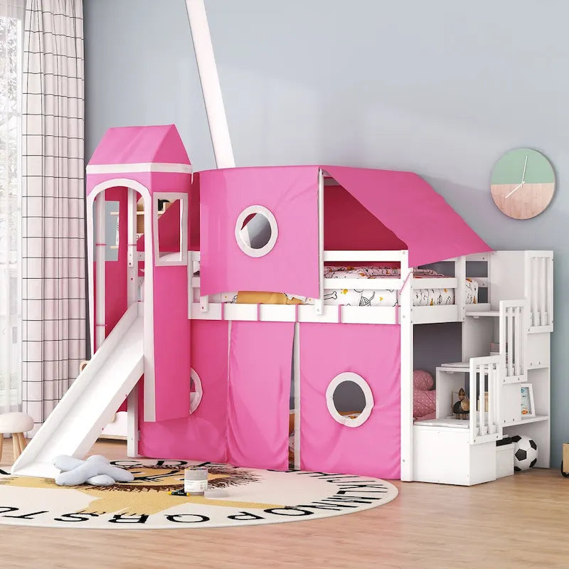 Lit mezzanine "Château" avec escalier de rangement et toboggan