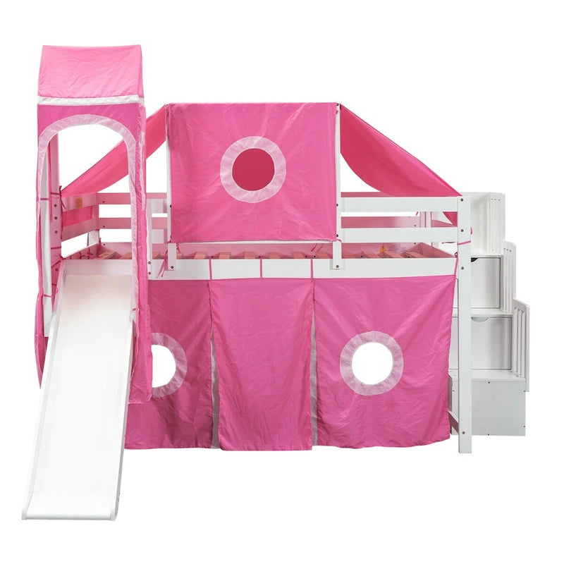 Castle style Loft Bed with Storage Staircase and Slide