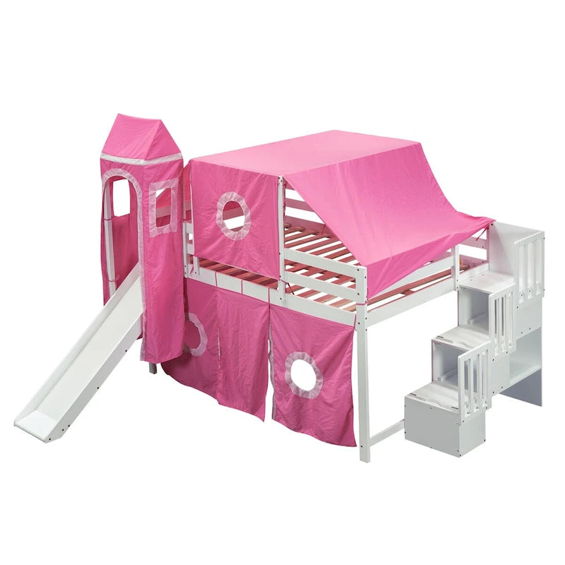 Lit mezzanine "Château" avec escalier de rangement et toboggan