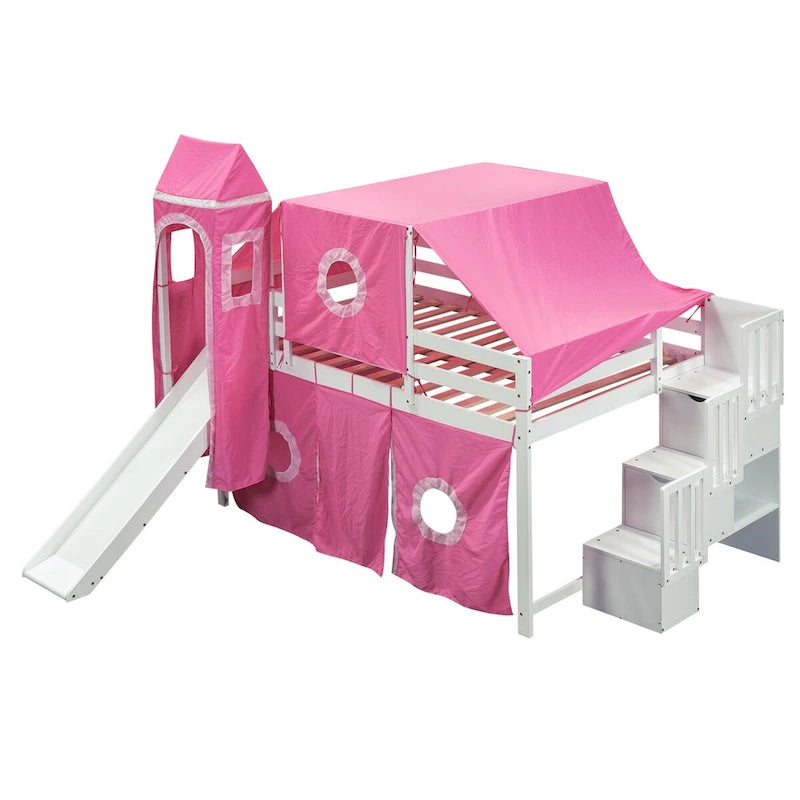 Lit mezzanine "Château" avec escalier de rangement et toboggan