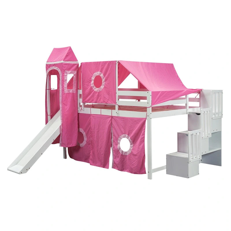 Lit mezzanine "Château" avec escalier de rangement et toboggan