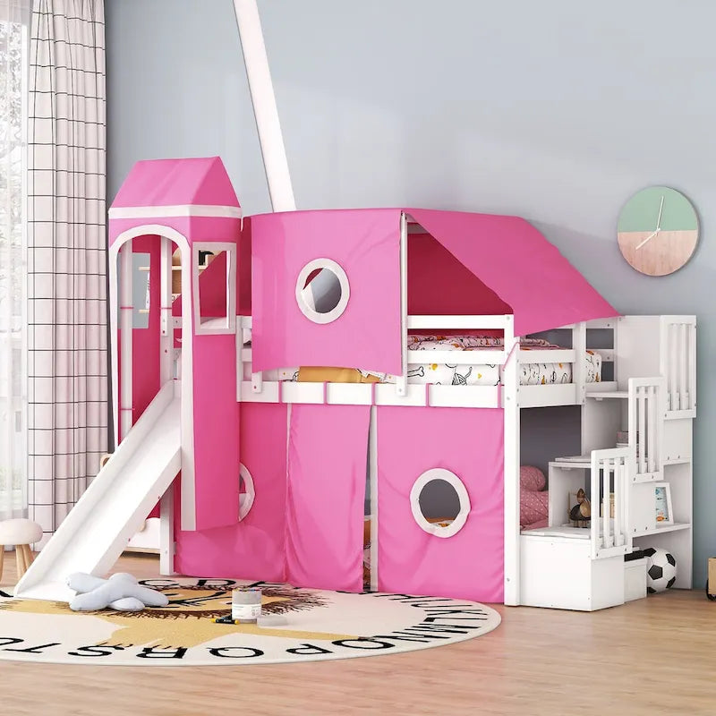 Lit mezzanine "Château" avec escalier de rangement et toboggan