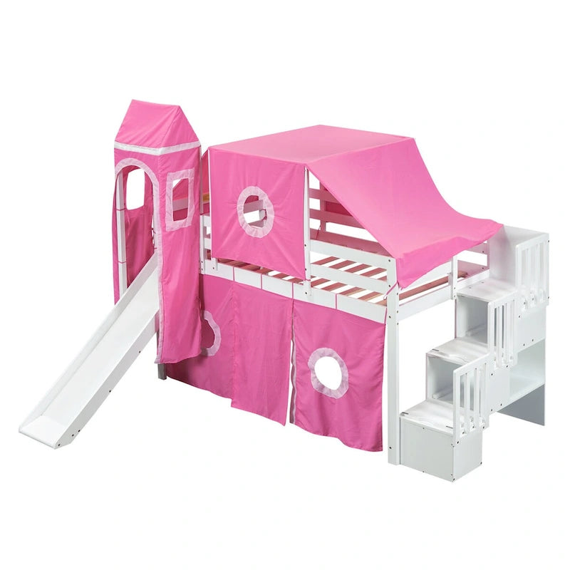 Lit mezzanine "Château" avec escalier de rangement et toboggan