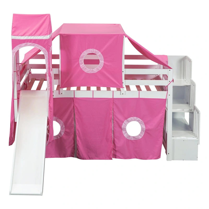 Lit mezzanine "Château" avec escalier de rangement et toboggan