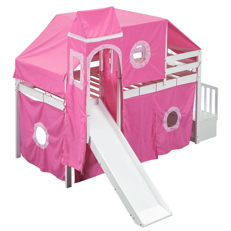 Lit mezzanine "Château" avec escalier de rangement et toboggan