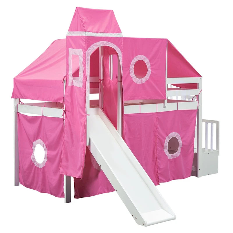 Lit mezzanine "Château" avec escalier de rangement et toboggan