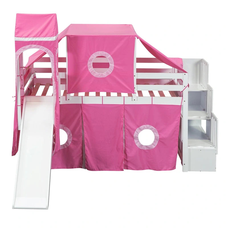 Lit mezzanine "Château" avec escalier de rangement et toboggan