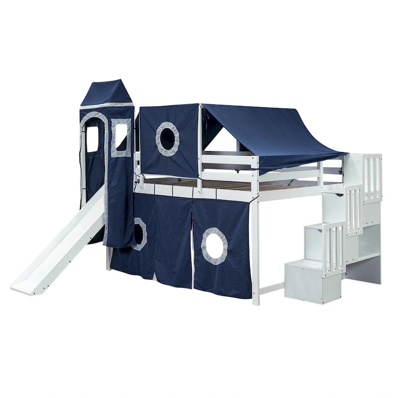 Lit mezzanine "Château" avec escalier de rangement et toboggan