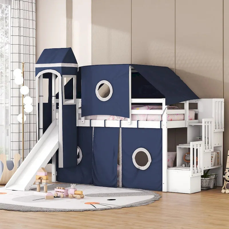 Lit mezzanine "Château" avec escalier de rangement et toboggan