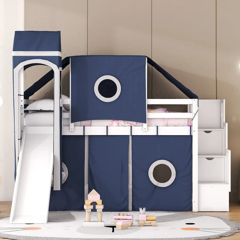 Lit mezzanine "Château" avec escalier de rangement et toboggan