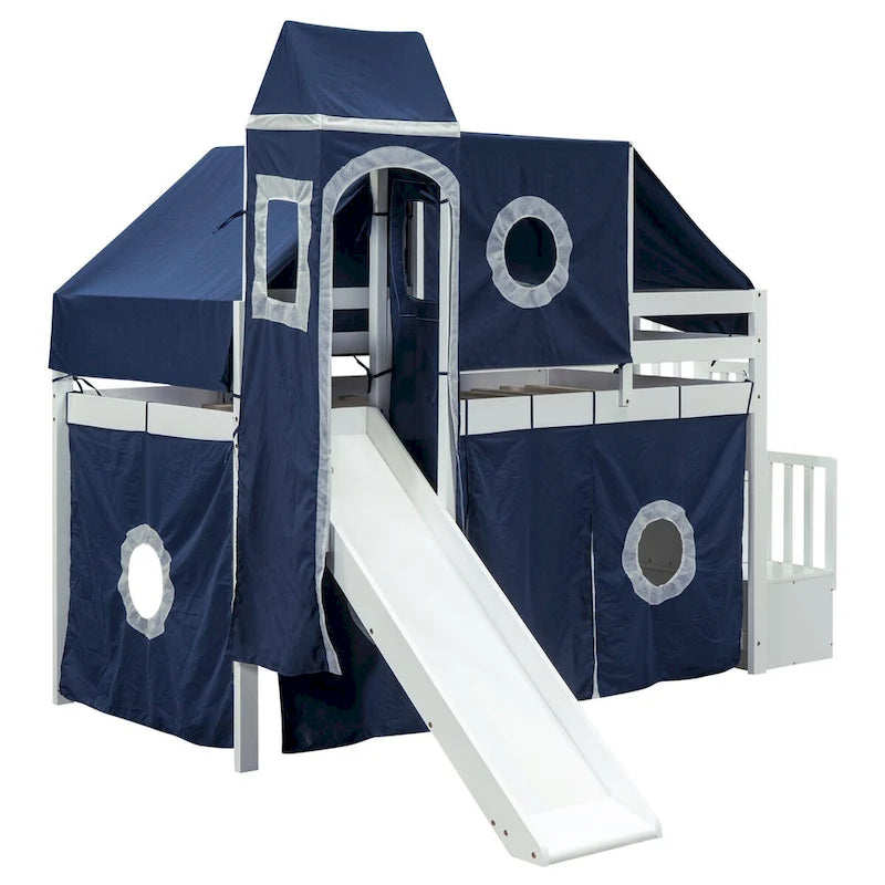 Lit mezzanine "Château" avec escalier de rangement et toboggan